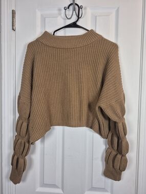 We're All Pretty Girls Camel Cropped Bubble Sleeve Knit Sweater S Mock Neck